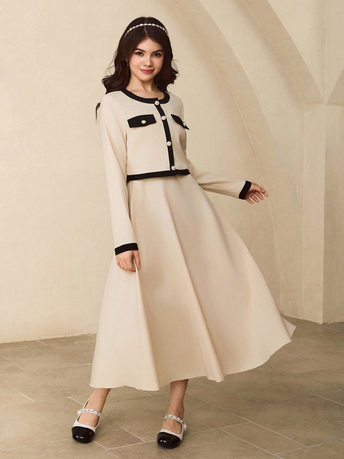 جاكيت كارديجان بياقة مستديرة وأكمام طويلة + فستان...