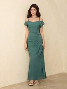 Teen Girl Elegant Party Solid Color Off-Shoulder Camisole Dress Fall Winter