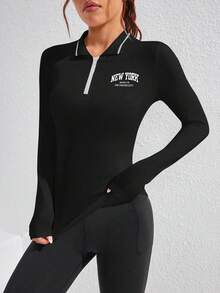 Easithlete 女式字母印花长袖拉链 Polo 衫，休闲健身运动服 - 黑色 - 查看 3