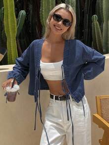 Livesso Women's Summer Tie Lantern Sleeve Denim Blouse