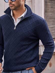 Manfinity VCAY Suéter masculino texturizado de cor sólida, caimento solto, fecho de meio zíper, suéter azul marinho outono/inverno, suéter masculino de malha, suéter masculino com zíper de um quarto, roupa casual masculina, moda masculina - Azul marinho - Ver 6