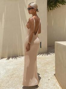 Livesso Women's Summer V-Neck Sleeveless Waist Cinched Knit Dress Women Sweater Dresses Sundress Vacation - Apricot - View 2