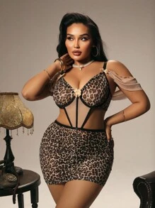 SHEIN 2件套印花网眼镂空钢圈性感睡衣+丁字裤女士 - 彩色 - 查看 4