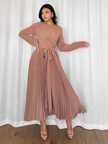 Modelyn Vestido plisado de mujer con cuello redondo, manga larga y cruce envolvente de unicolor - Marrón Mocha - Ver 6