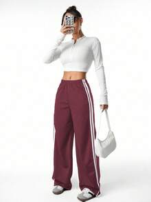 Sparklyn Teen Girls' Casual Striped Knit Drawstring Waist Loose Sweatpants - Burgundy - View 4