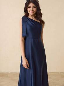 少女斜肩束腰蝴蝶结优雅派对、婚礼、万圣节、圣诞节连衣裙 - 藍色 - 查看 6