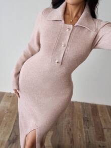 Rafferiza Dusty Pink Elegant Autumn Everyday Women's Mixed Yarn Lapel Metal Button Loose Casual Split Hem Sweater Dress,Fall Winter Long Party Wedding Guest - Khaki - View 7