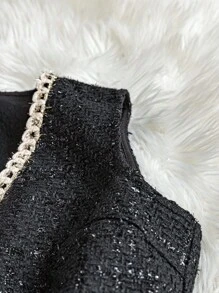 GlowEve Damen V-Ausschnitt Patchwork Schleife Einreiher ärmellos elegantes Kleid aus Wollstoff - Schwarz - Übersicht 4