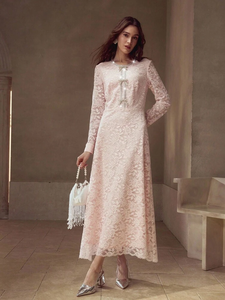 LACE RHINESTONE BOW DECOR DRESS