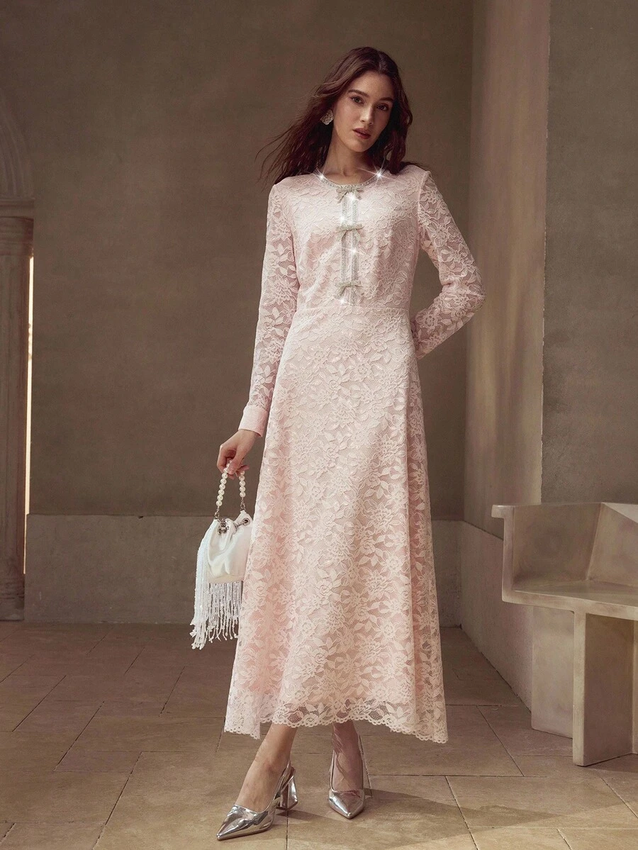 MOTF PREMIUM LACE RHINESTONE BOW DECOR DRESS - Pink - View 2