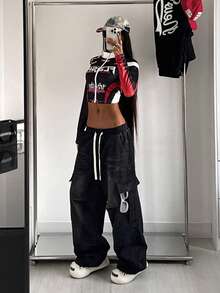 StreetHx Casual Washed Drawstring Waist Cargo Denim Pants - Black - View 3