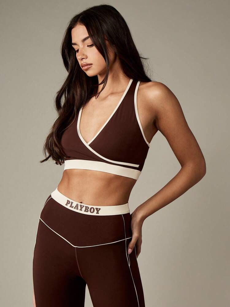 Missguided x Playboy Athletic High Impact Cross Back Workout Sports Bra With Contrast Binding Racerback Yoga Fitness Support Training Activewear