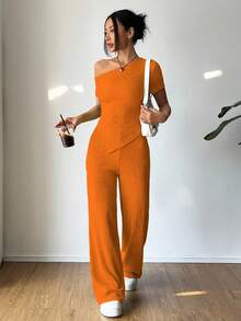 Flirla 2件套：不对称肩T恤+阔腿低腰裤，休闲家居服 - 亮橙色 - 查看 3