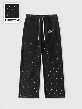 Street Life Herren Jogginghose mit Buchstaben-Muster, Strass-Dekor und weitem Bein, lässig und locker