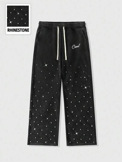 Street Life Herren Jogginghose mit Buchstaben-Muster, Strass-Dekor und weitem Bein, lässig und locker