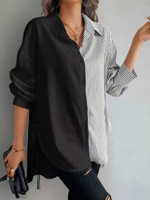 SHEIN LUNE Women's Casual Colorblock Striped Asymmetrical Hem Blouse, Spring/Fall Women Shirt - Black - View 3
