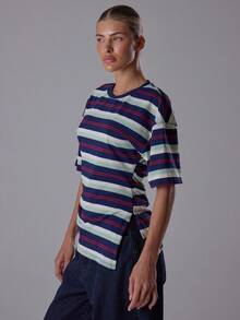 MUSERA Top largo con cintura ceñida, abertura lateral y rayas - Elegante, casual y sexy para vacaciones, aeropuerto, oficina u ocasiones especiales para mujeres en otoño, invierno y Navidad