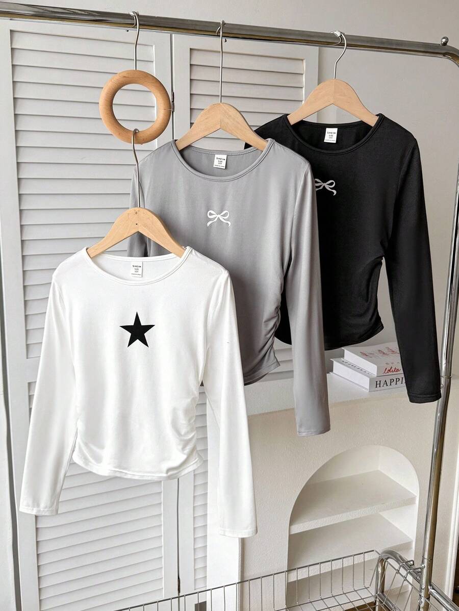 SHEIN 3 件套青少年女孩休闲街头风格星星和蝴蝶结印花褶皱长袖修身针织圆领 T 恤,黑色/白色/灰色,适合日常穿着、居家、上学 - 彩色 - 查看 1