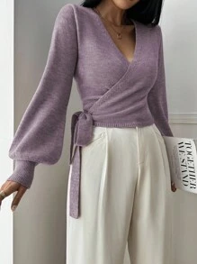 Elyressa 花卉裹身式短款V领系腰长袖休闲优雅女士毛衣 - 紫色 - 查看 7