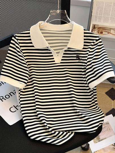 INAWLY Camiseta de manga corta con cuello de polo a rayas casual de verano para mujer