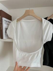 Tseoso 2pcs Sexy Women's Round Neck Backless Short Sleeve Crop Top Fit For Summer, Back To School, Early Autumn, 95% Cotton, Suitable For Summer, Vintage, Cute Summer Tops, Softgirl, Summer Outing Items, Home, Fall Women Clothes, Versatile,Teacher, Going Out Tops Women, Streetwear, Y2k Cotton Tops Tight Fitting Top Simple Tops Basic Tops Open Back Tops - Black and White - View 3