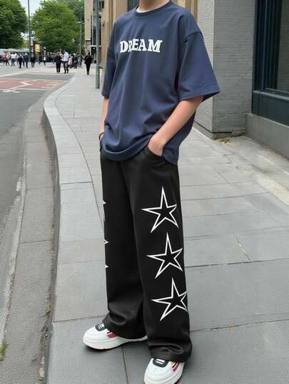 Tween Boy Casual Sports Street Star Print Loose Straight Leg Sweatpants, Suitable For Commuting, School, Daily Casual Wear, Sports, Spring/Summer/Autumn/Winter Fall