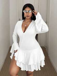Maweii Plus Size Women's Fashionable Asymmetrical Ruffle Hem Long Sleeve Dress, Elegant Vibe Fall Cloth For Women - White - View 4
