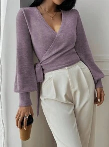 Elyressa 花卉裹身式短款V领系腰长袖休闲优雅女士毛衣 - 紫色 - 查看 4