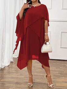 SHEIN Clasi Elegant Commuter & Evening Casual Women's Fashion Bestselling Versatile Comfortable Chiffon Fabric Shirt Dress, Round Neck, Short Sleeve, Multi-Layer Mid-Length Design, Navy Blue, Plus Size