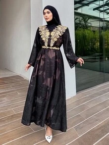 DAZY 优雅花卉亮片装饰V领中长连衣裙，女士端庄时尚之选 - 黑色 - 查看 4