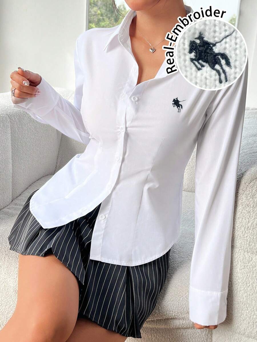 SHEIN EZwear 女士休闲真刺绣小马标志收腰长袖衬衫,适合秋冬季节,学院风,返校季,秋季上衣,时尚女式衬衫 - 彩色 - 查看 1