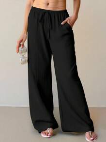 EMERY ROSE Plus Size Casual Versatile Solid Color Textured Wide Leg Pants Fall Cloth For Women - Multicolor - View 6