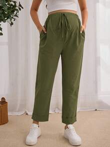 SHEIN 孕妇休闲日常可调节腰部斜口袋长裤 - 墨綠色 - 查看 5