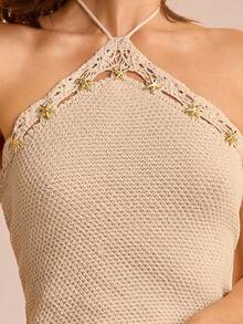 CAJUNI Vacation Sexy Metal Decor Backless Halter Knit Top - Cream - View 1