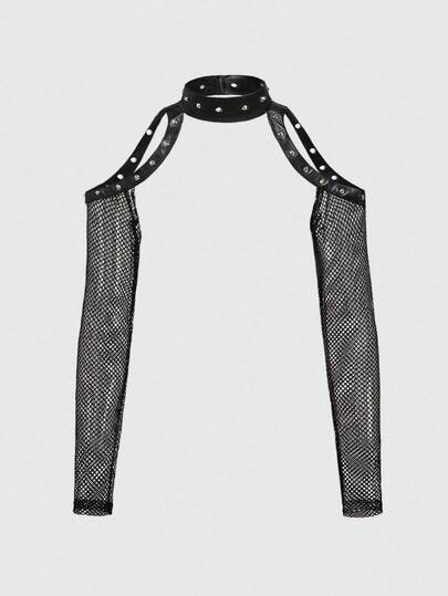 Grunge Punk Top de gilet transparent en maille, patchwork PU fonctionnel cargo futuriste pour femmes grande taille