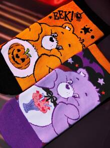 SHEIN X Care Bears 2双装女士南瓜蝙蝠图案柔软透气吸湿休闲节日派对短袜，时尚可爱，黑橙配色，加固趾跟，经久耐穿，男女通用，冬季百搭 - 彩色 - 查看 3