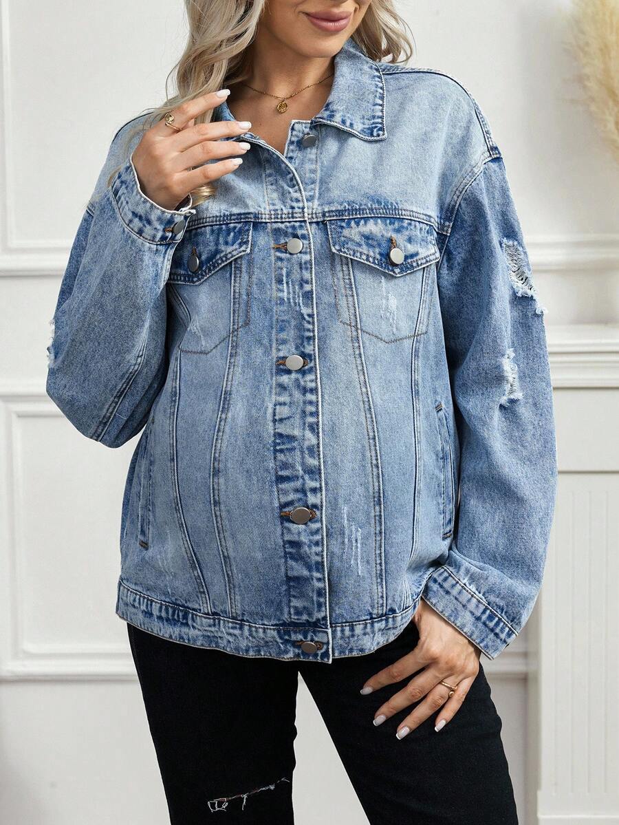 SHEIN Maternity Blue Cold Shoulder Fashionable Versatile Front Button Denim Jacket - Light Wash - View 1