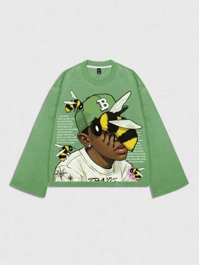 Street Life Camiseta de manga larga con estampado de figura para hombre, corte holgado y acortado, para otoño