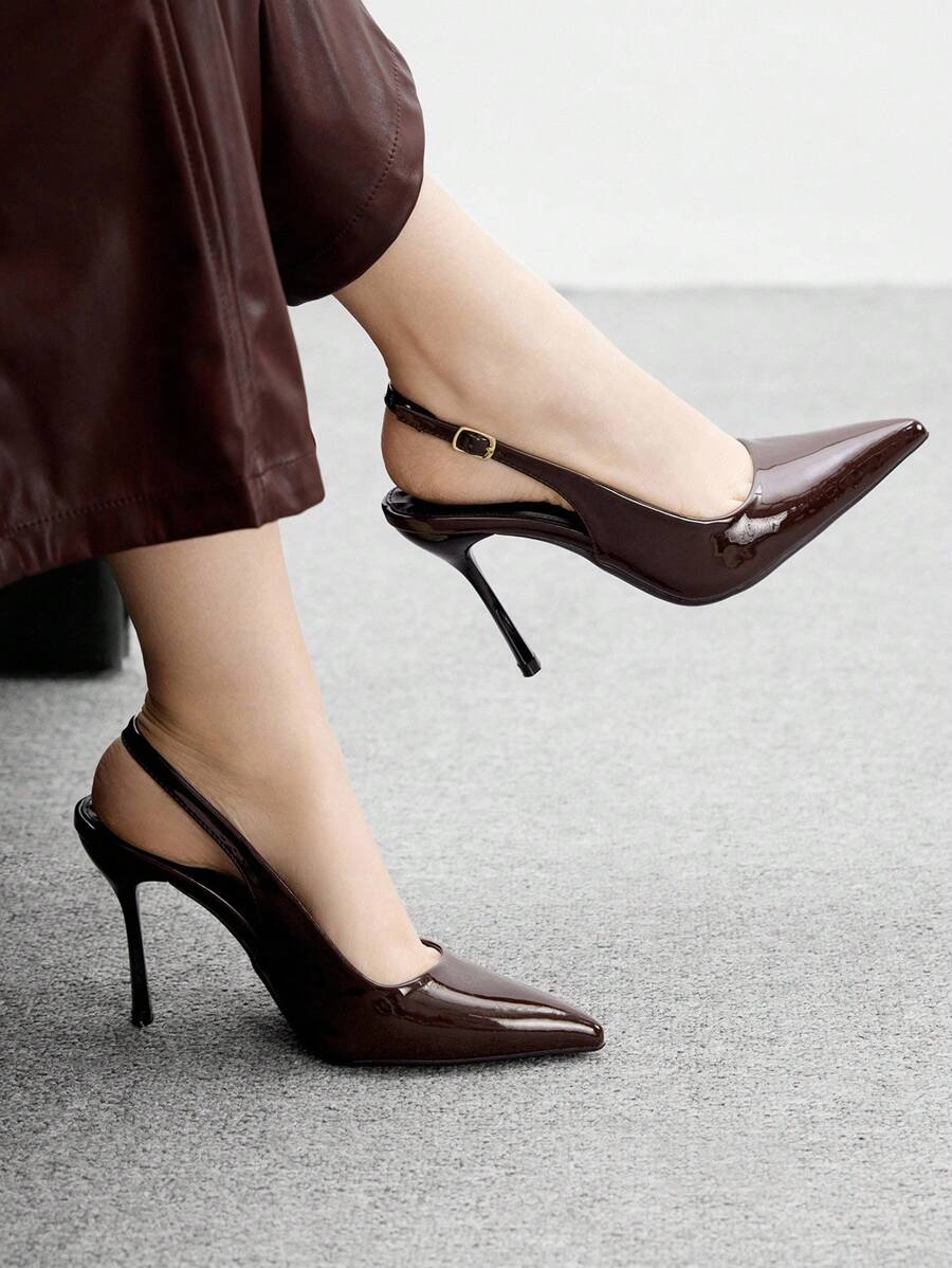 CUCCOO BIZCHIC Women's 2024 New Gold Strap Closed Toe Sandals, 2024 Spring/Autumn Pointed Toe Thin Heels Design, Fashionable Minimalist Style, Versatile To Pair With Dresses And High Heels For Christmas - Coffee Brown - View 1