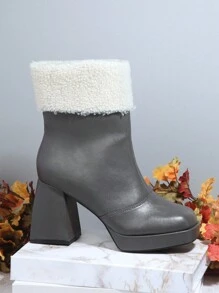 SHUZIA Fuzzy Cuff Block Heel Ankle Boots - Grey - View 5
