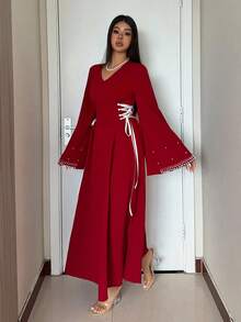 Al Najma 女式秋冬针织闪亮绒球撞色系带长袖修身A字派对连衣裙 - 紅色 - 查看 4