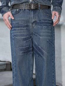 Manfinity EMRG Men's Blue Denim Set, Loose Fit Jacket And Wide Leg Jeans, Street Style, Autumn/Winter Men Wide Leg Jeans Boyfriend & Husband Regular Washed For Loose Wide Leg