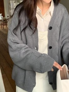 DAZY Women's Solid Color Cable Knit Twist Front Cardigan, Long Sleeve, Suitable For Autumn/Winter - Grey - View 1