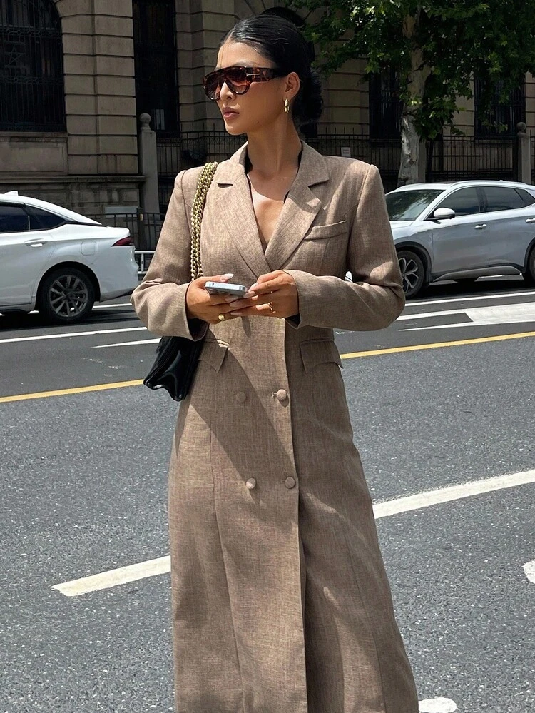 Women's Elegant Blazer Collar Faux Pocket Mid-Length Dress, Autumn Long Sleeve Dress