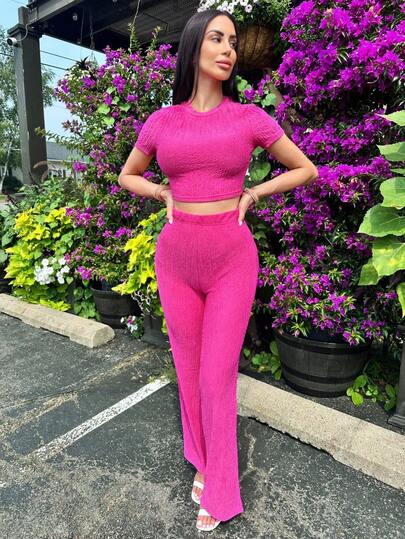 Carolina Barros New Casual Basic Sports Style Spring And Summer Round Neck Short-Sleeved Truncated T-Shirt + Wide-Leg Super Long Pants Rose Red Striped Texture Knitted Fabric Women's Two-Piece Set-I