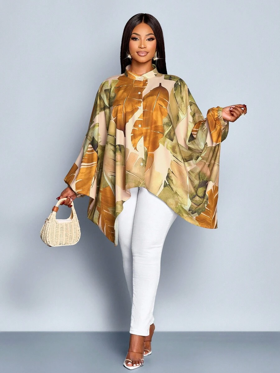 SOLERSUN 女士加大码热带印花新款单排扣蝙蝠袖衬衫，适合度假和日常秋季穿着 - 黃色 - 查看 1