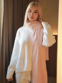 Sweetina Women's Casual Daily Simple Solid Color Drop Shoulder Loose Cable Knit Sweater And Sweater Pants 2 Pieces Set, Autumn/Winter - White - View 5