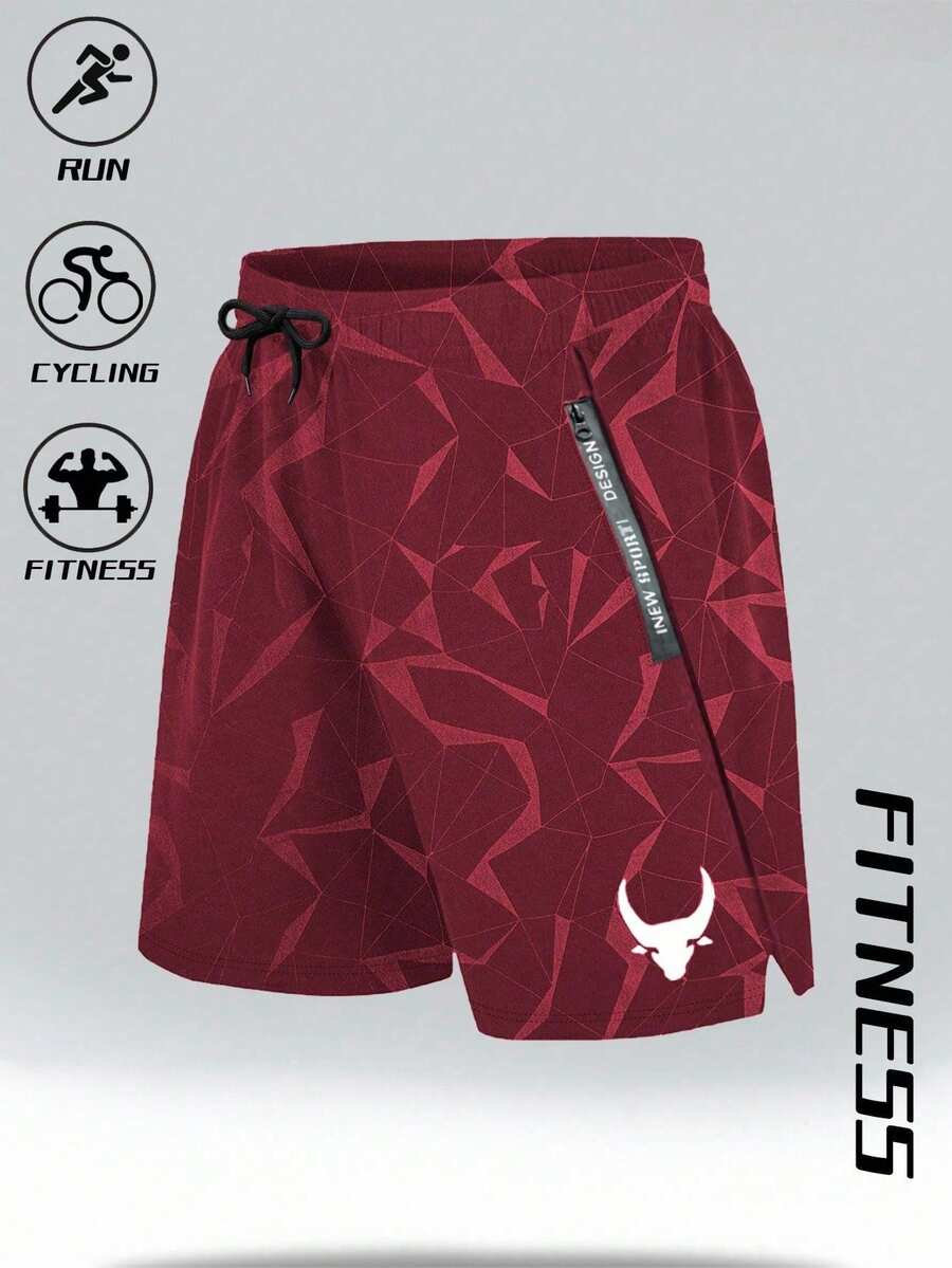 Manfinity Sport Polished Men's Cow Head & Geometric Pattern Drawstring Waist Side Pockets Sports Shorts, Suitable For Cycling And Fitness