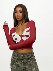 SUMWON WOMEN 女式方领短款上衣长袖修身拼色设计 Y2K 风格 Bralette 派对节日俱乐部晚装秋冬时尚别致 - 酒紅色 - 查看 4