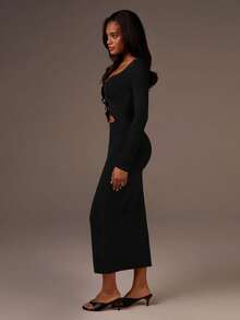 Athîral Women's Fashionable Sexy Solid Color Hollow Out Bodycon Dress Black Cut Out Dress Long Bodycon Dress Cut Out Dress For Women Tight Long Dress Hollow Out Dress